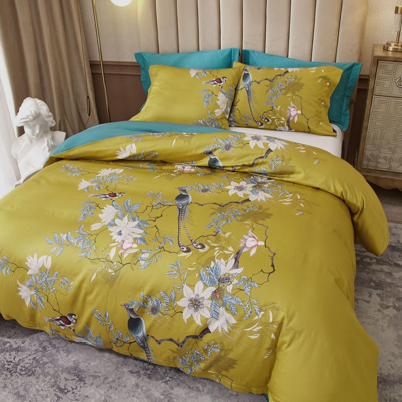 Chic Floral Duvet Cover King Size Bird Flower Pattern Comforter Cover Cotton Garden Floral Bedding Duvet Cover Aesthetic Bird Fl